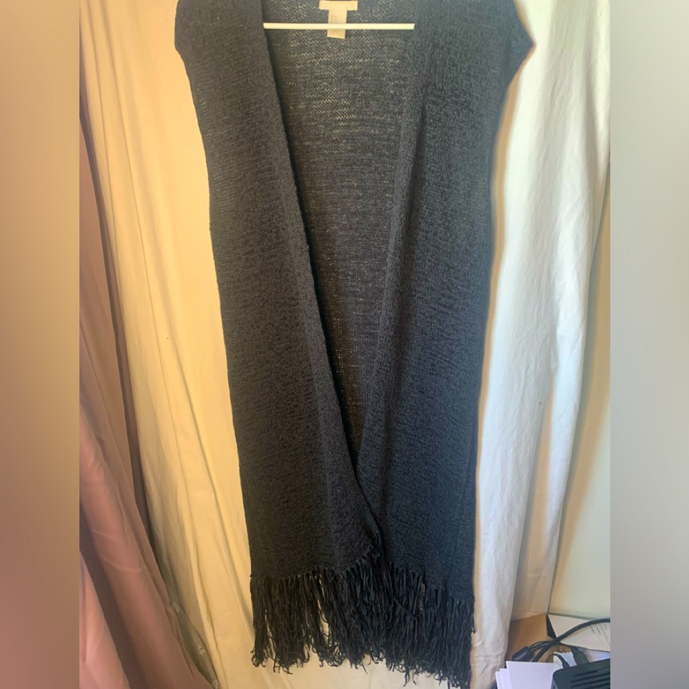 H&M Long Vest Sweater Dark Grey Women’s Size Med Fringes Open Style